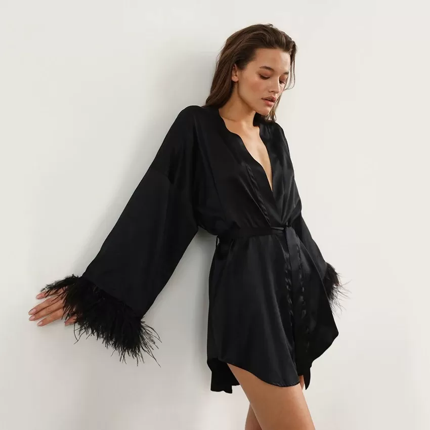 Adult Sex Toys Elegant Satin Feather Trim Robe