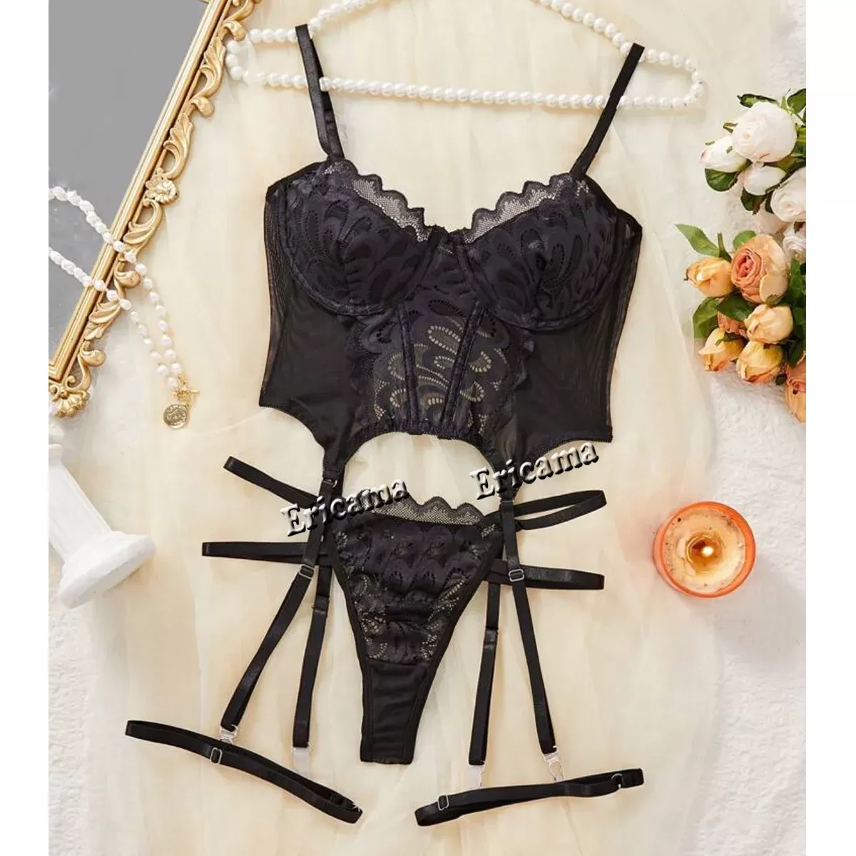 Adult Sex Toys Seductive Lace Strappy Lingerie Set – Bra, Thong & Garter Belt